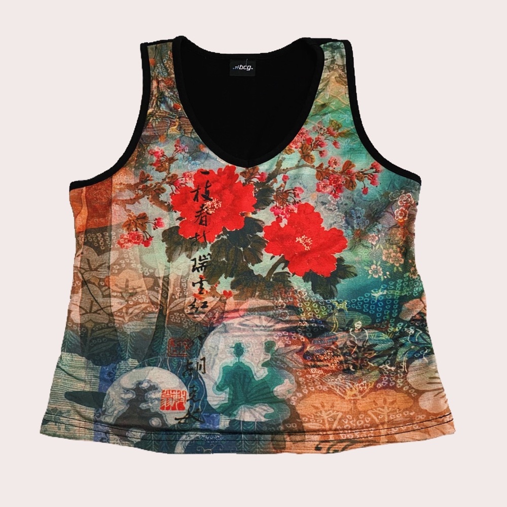 red flower retro print tank top
